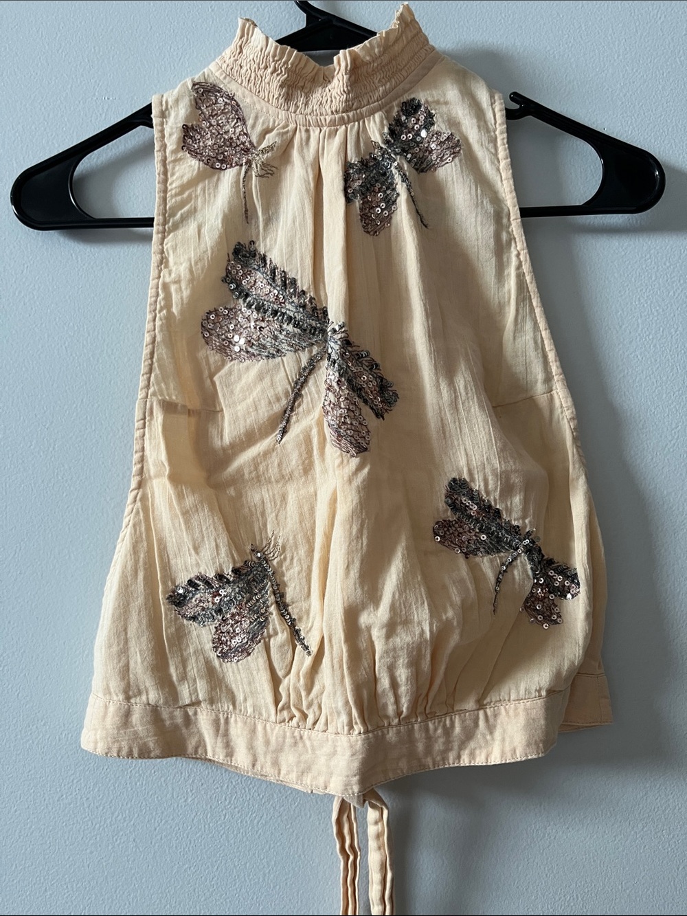 Free People high neck open back tank top blouse dragonfly sequined embroidery